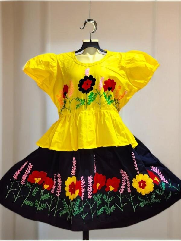 Yellow Hand Stitched Cotton Skirt Top Set